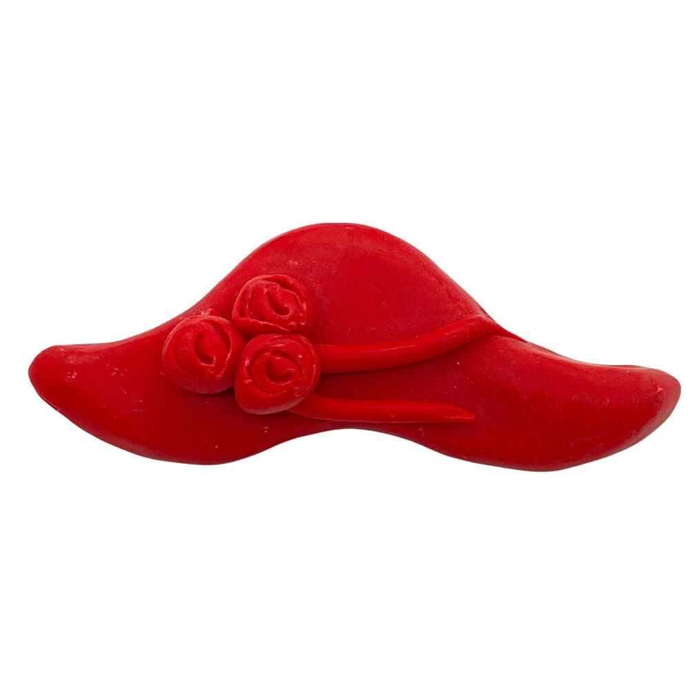 Red Hat Lady Handmade Brooch Polymer Clay C Clasp Floppy Pin 1.5"X3.5" Retro